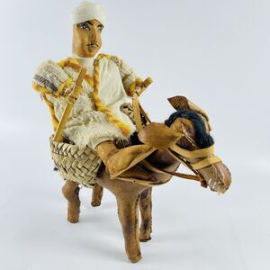 Vintage Handmade Rider Doll w Basket on Leather Horse Donkey 9" Morocco Folk Art
